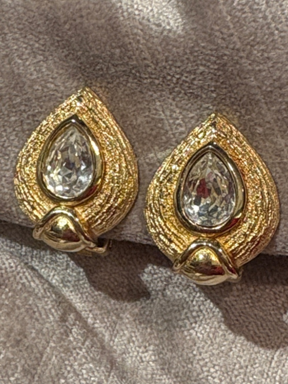 Dior Vintage 80’s Dior Gold-tone Teardrop Crystal Clip Earrings - Picture 1 of 8